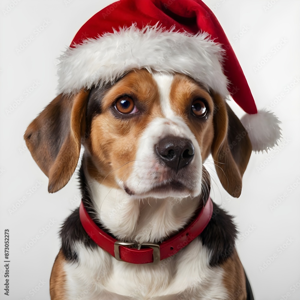 Beagle dog with red Santa Claus hat celebrating Christmas holidays. isolated on white background. Generative AI Beagle dog with red Santa Claus hat celebrating Christmas holidays. isolated on white background. Generative AI