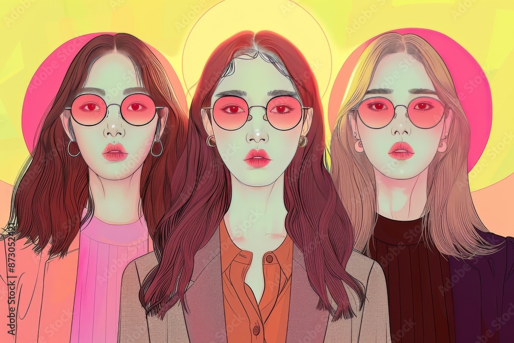 Stylish retro illustration of three women wearing sunglasses, pop art style, vibrant colors, modern and chic, graphic design Stylish retro illustration of three women wearing sunglasses, pop art style, vibrant colors, modern and chic, graphic design