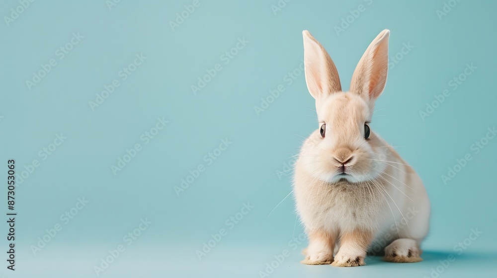 Obraz premium Adorable White Rabbit on a Blue Background.
