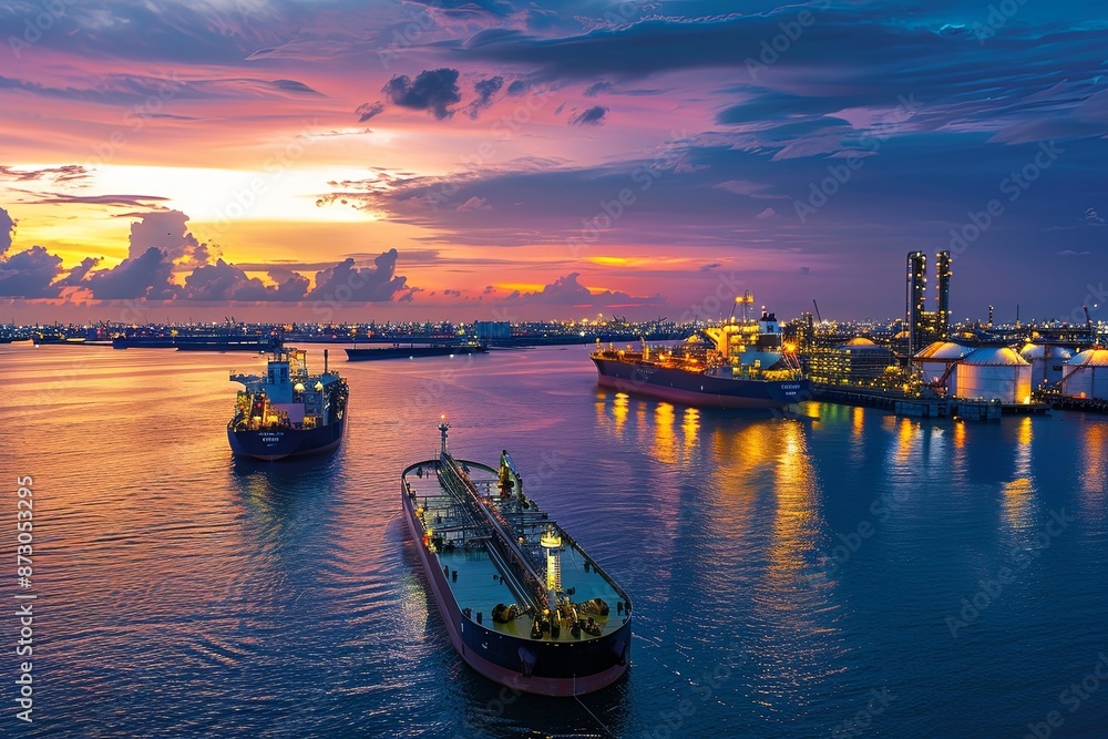 Tanker ships approach a refinery port as the sun sets, casting a warm glow over the water. Generative AI Tanker ships approach a refinery port as the sun sets, casting a warm glow over the water. Generative AI