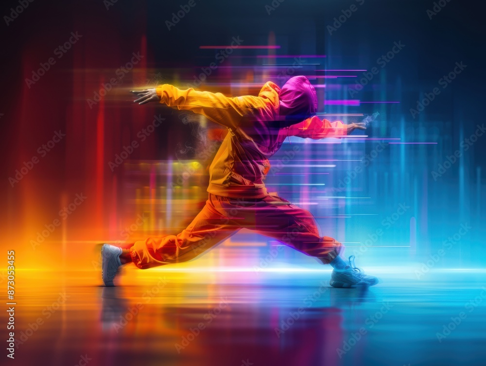 A man in a colorful outfit is dancing in front of a colorful background. The image has a vibrant and energetic mood, with the man's movements A man in a colorful outfit is dancing in front of a colorful background. The image has a vibrant and energetic mood, with the man's movements
