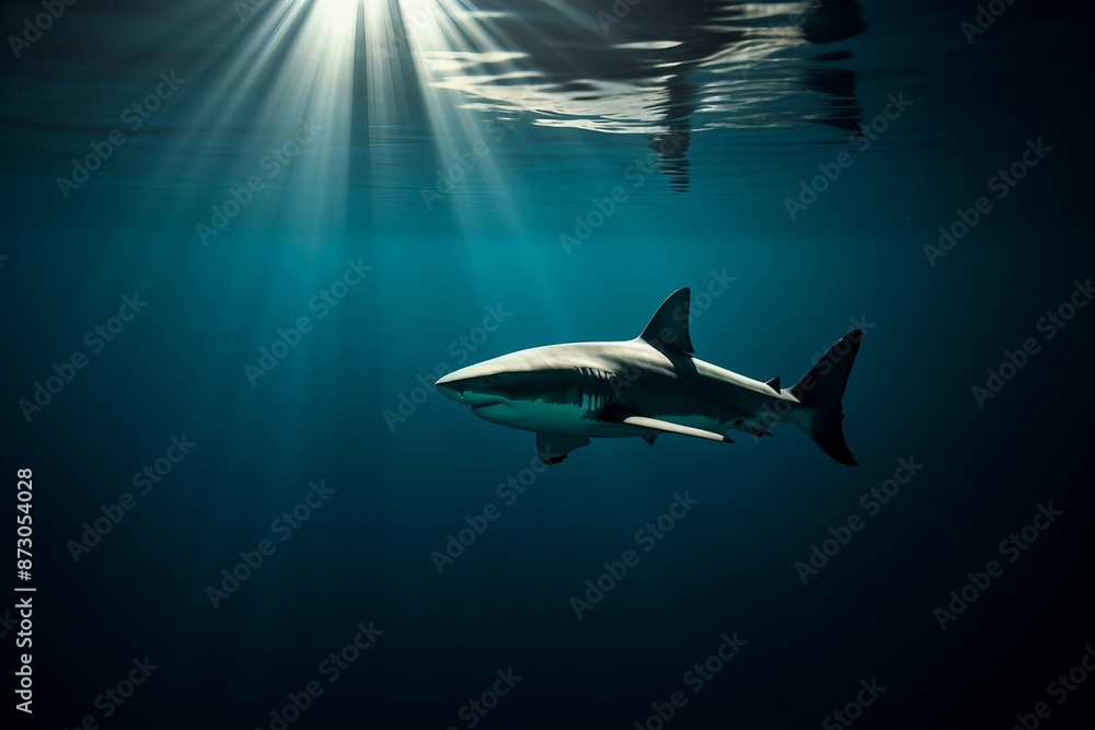Fototapeta premium Shark Swimming Underwater in Deep Blue Ocean. Generative AI