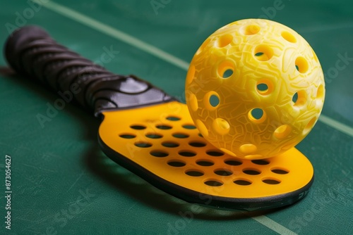 Three-dimensional rendering of a pickleball racket and ball on the court surface with blurred bokeh.