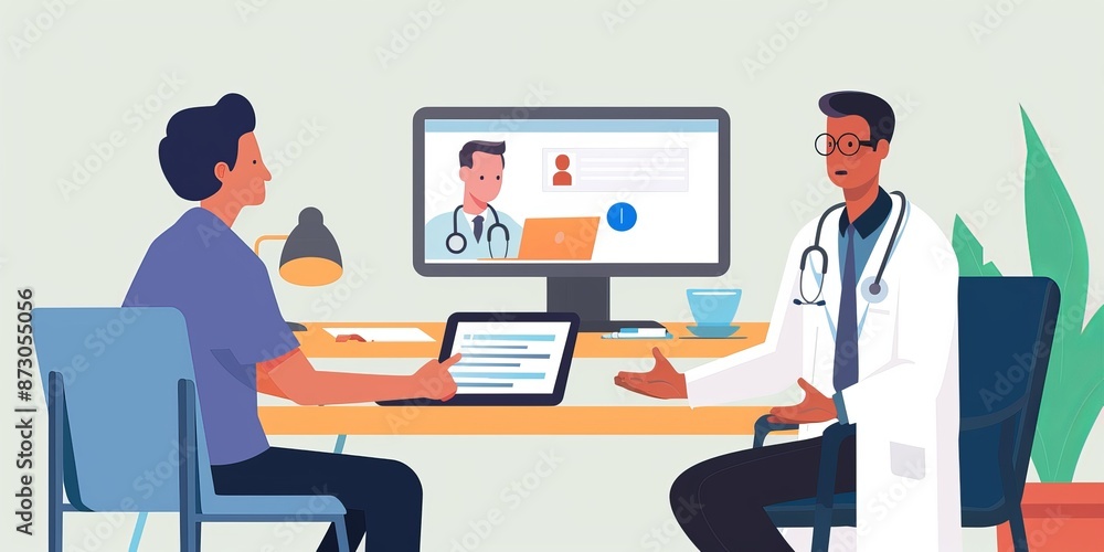 A telemedicine consultation between a doctor and a patient, highlighting the convenience of virtual healthcare A telemedicine consultation between a doctor and a patient, highlighting the convenience of virtual healthcare
