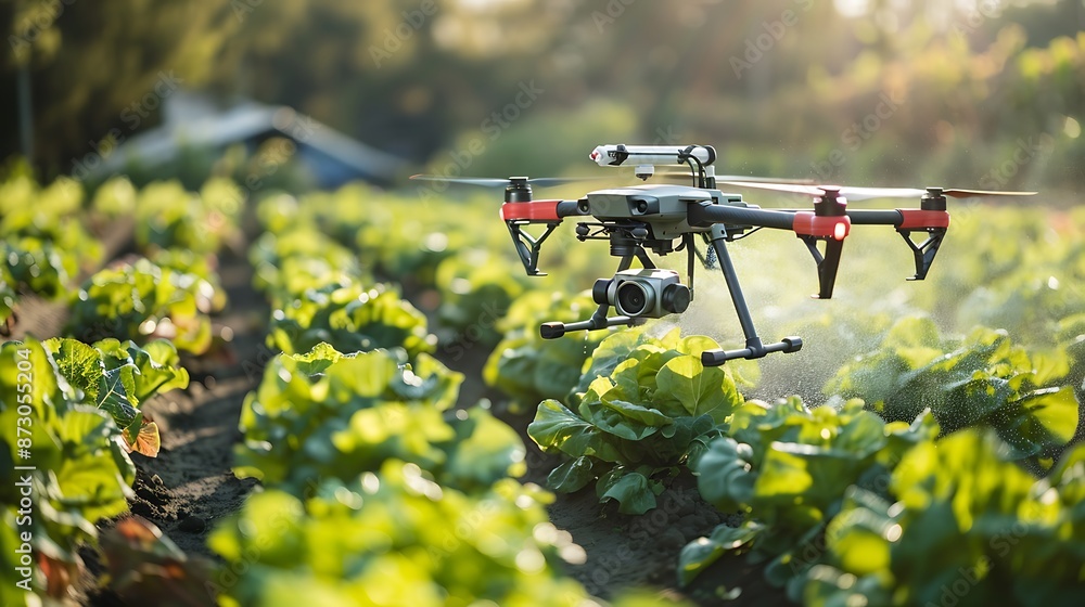 Photo drone spraying fertilizer on vegetable green plants agriculture technology farm automation Photo drone spraying fertilizer on vegetable green plants agriculture technology farm automation