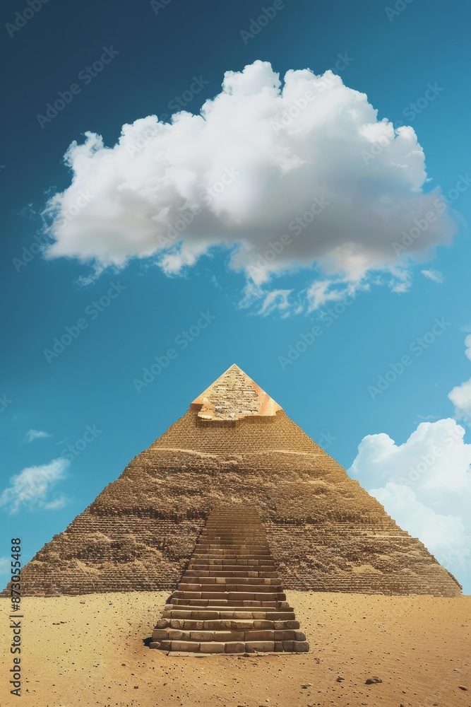 Clouds hover over stepped pyramids in a desert landscape under a clear blue sky. Clouds hover over stepped pyramids in a desert landscape under a clear blue sky.