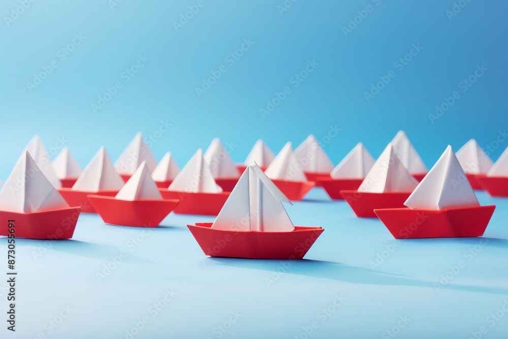 Red and White Origami Boats on a Blue Background, Symbolizing Creativity and Simplicity. Generative AI Red and White Origami Boats on a Blue Background, Symbolizing Creativity and Simplicity. Generative AI