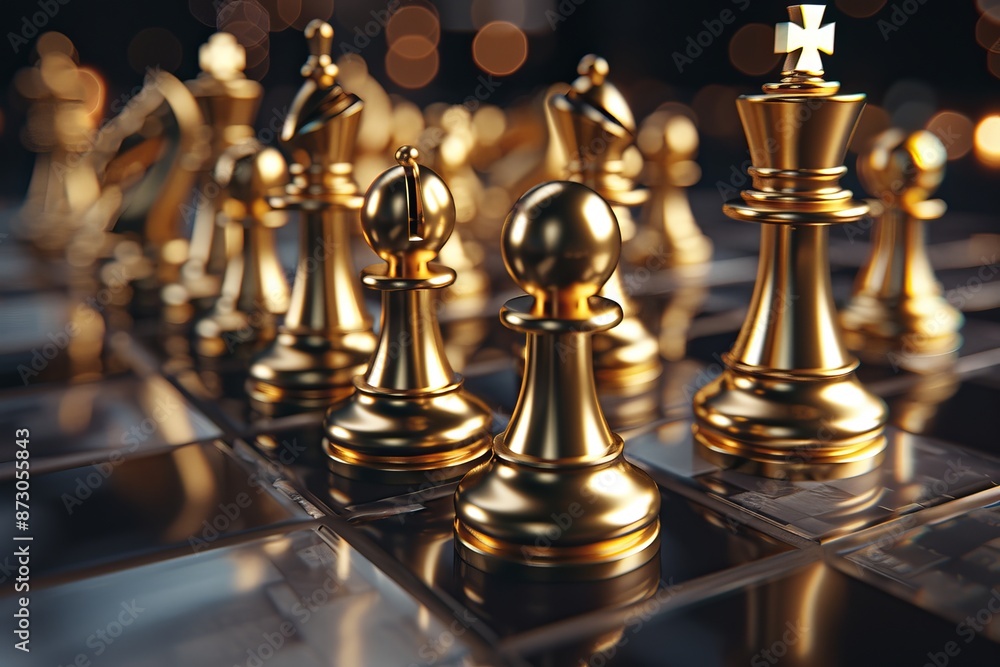 Three-dimensional rendering of gold chess pieces on a black and white chessboard. Three-dimensional rendering of gold chess pieces on a black and white chessboard.