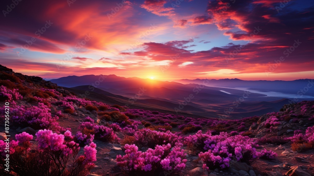 Breathtaking sunrise over a picturesque mountain landscape filled with vibrant blooming flowers and colorful, dramatic sky. Breathtaking sunrise over a picturesque mountain landscape filled with vibrant blooming flowers and colorful, dramatic sky.