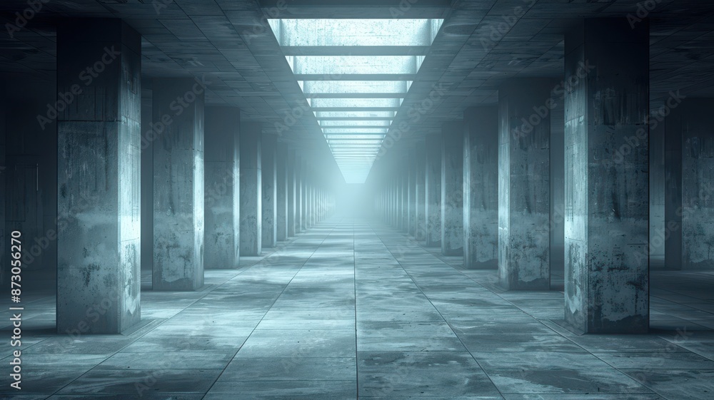 Mysterious and eerie corridor with concrete pillars and a glowing light at the end, creating an atmospheric and haunting architectural scene. Mysterious and eerie corridor with concrete pillars and a glowing light at the end, creating an atmospheric and haunting architectural scene.