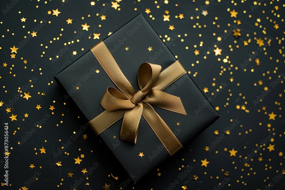 Black gift boxes with gold ribbon on shine background. Close up Black gift boxes with gold ribbon on shine background. Close up