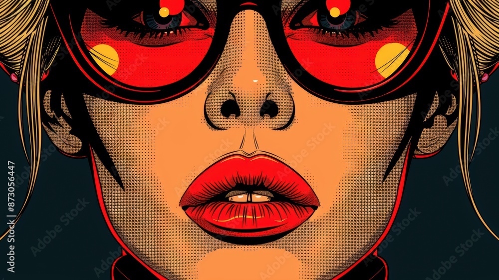Close-up illustration of a fashionable woman with bright red glasses and bold red lipstick, embracing vibrant and modern pop art. Close-up illustration of a fashionable woman with bright red glasses and bold red lipstick, embracing vibrant and modern pop art.