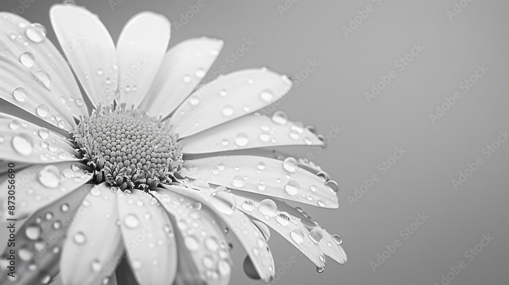 black and white photo of daisy flower with water drops on petals, macro photography, beautiful, high resolution, copy space for text in the right side, gray background, minimalist style, close-up black and white photo of daisy flower with water drops on petals, macro photography, beautiful, high resolution, copy space for text in the right side, gray background, minimalist style, close-up
