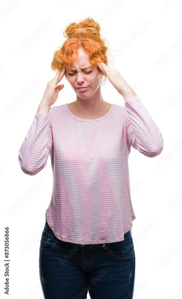 Young redhead woman with hand on head for pain in head because stress. Suffering migraine. Young redhead woman with hand on head for pain in head because stress. Suffering migraine.