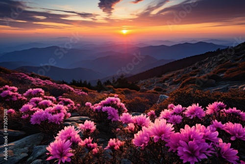 Stunning sunset over mountain landscape with vibrant pink flowers in the foreground, creating a picturesque and serene scene. © Ai-Pixel