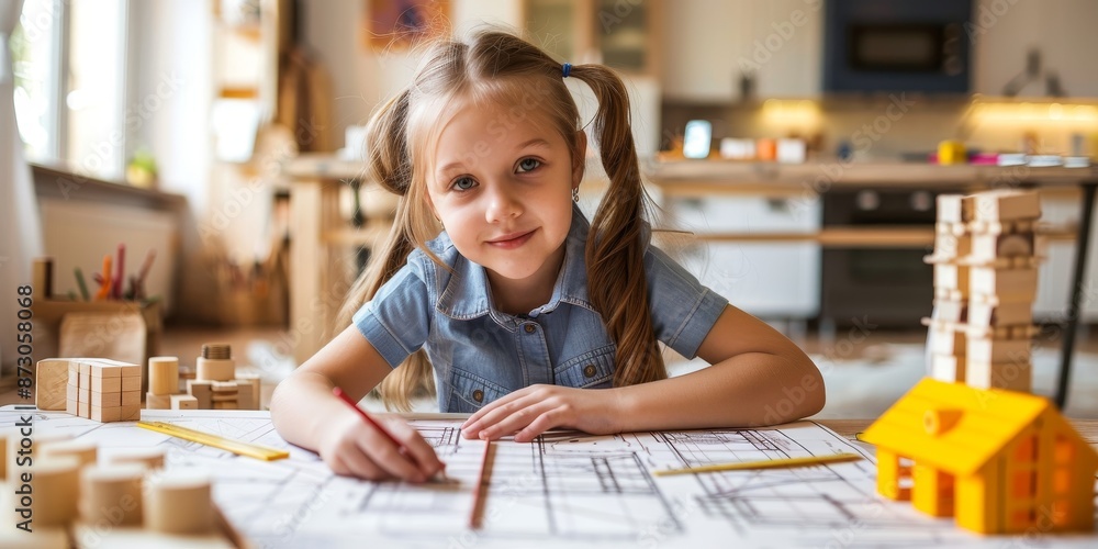 Charming little architect with a blueprint and ruler, designing a block structure, showcasing the imaginative and precise aspects of architectural design Charming little architect with a blueprint and ruler, designing a block structure, showcasing the imaginative and precise aspects of architectural design