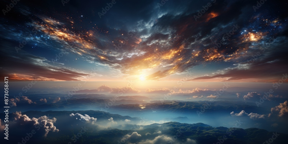 Celestial Sunset Over Mountains Celestial Sunset Over Mountains