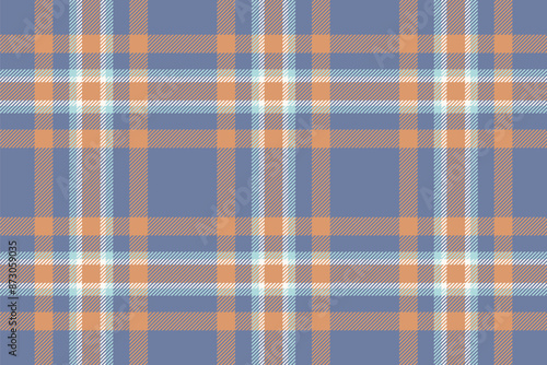 Length check background fabric, victorian seamless plaid textile. Simplicity texture vector tartan pattern in blue and orange colors.