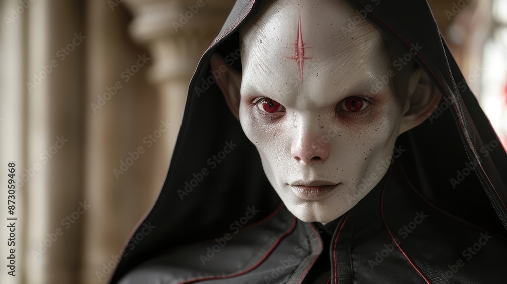 Mysterious dark-robed humanoid figure with pale skin and red eyes, evokes fantasy or horror themes, captured in a medieval-style setting. Mysterious dark-robed humanoid figure with pale skin and red eyes, evokes fantasy or horror themes, captured in a medieval-style setting.