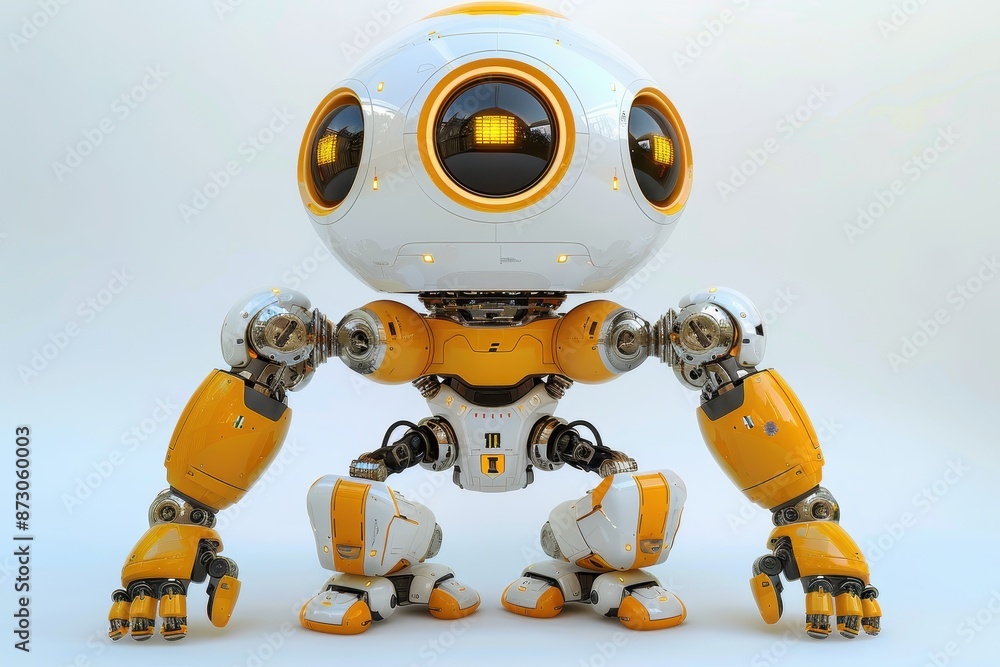 Futuristic yellow and white robot with large spherical head, isolated on a white background. Advanced technology and modern design.