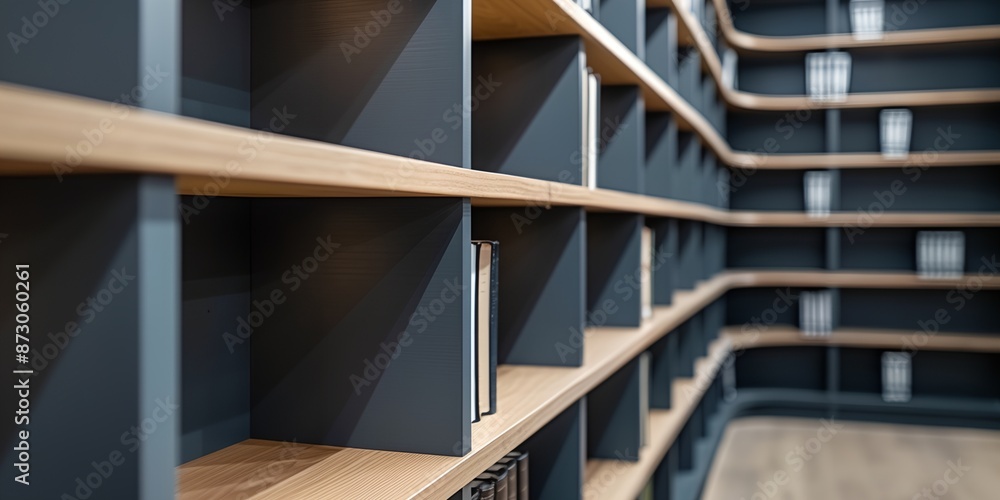 Fototapeta premium A library with shelves full of books. The shelves are made of wood and are very tall. The books are organized by size and color