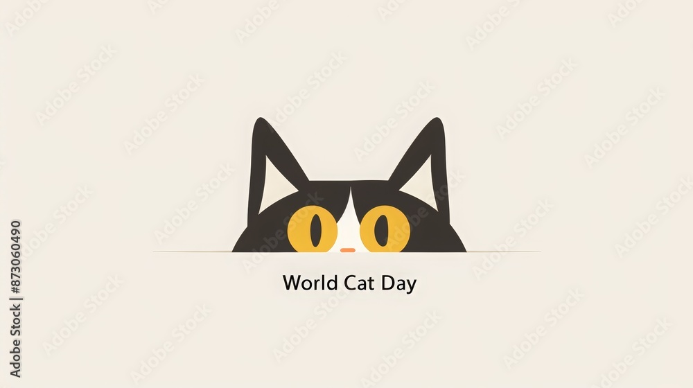 World Cat Day flat vector illustration isolated on a pastel background, web banner design template for a website and mobile phone. cute black cartoon fat-faced kitten character World Cat Day flat vector illustration isolated on a pastel background, web banner design template for a website and mobile phone. cute black cartoon fat-faced kitten character