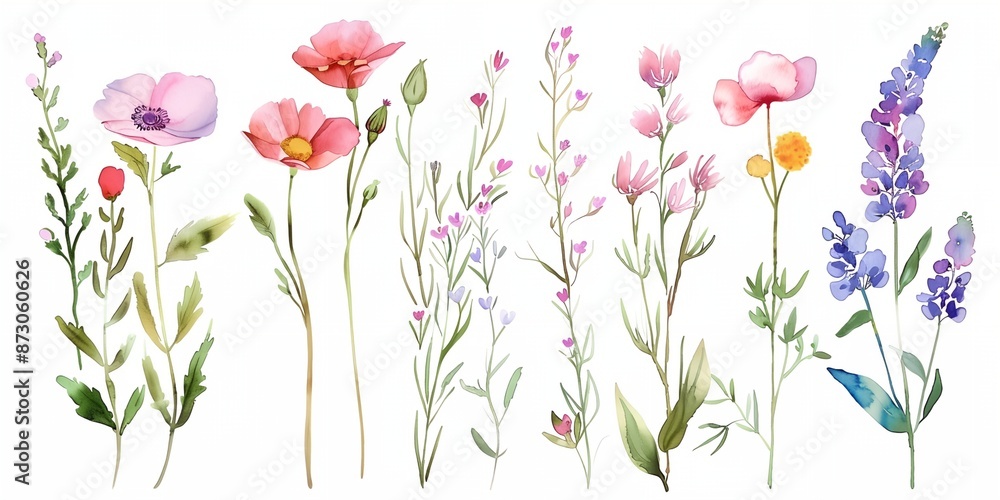 Set of field flowers with a variety of colors and sizes. The flowers are arranged in a way that creates a sense of harmony and balance Set of field flowers with a variety of colors and sizes. The flowers are arranged in a way that creates a sense of harmony and balance