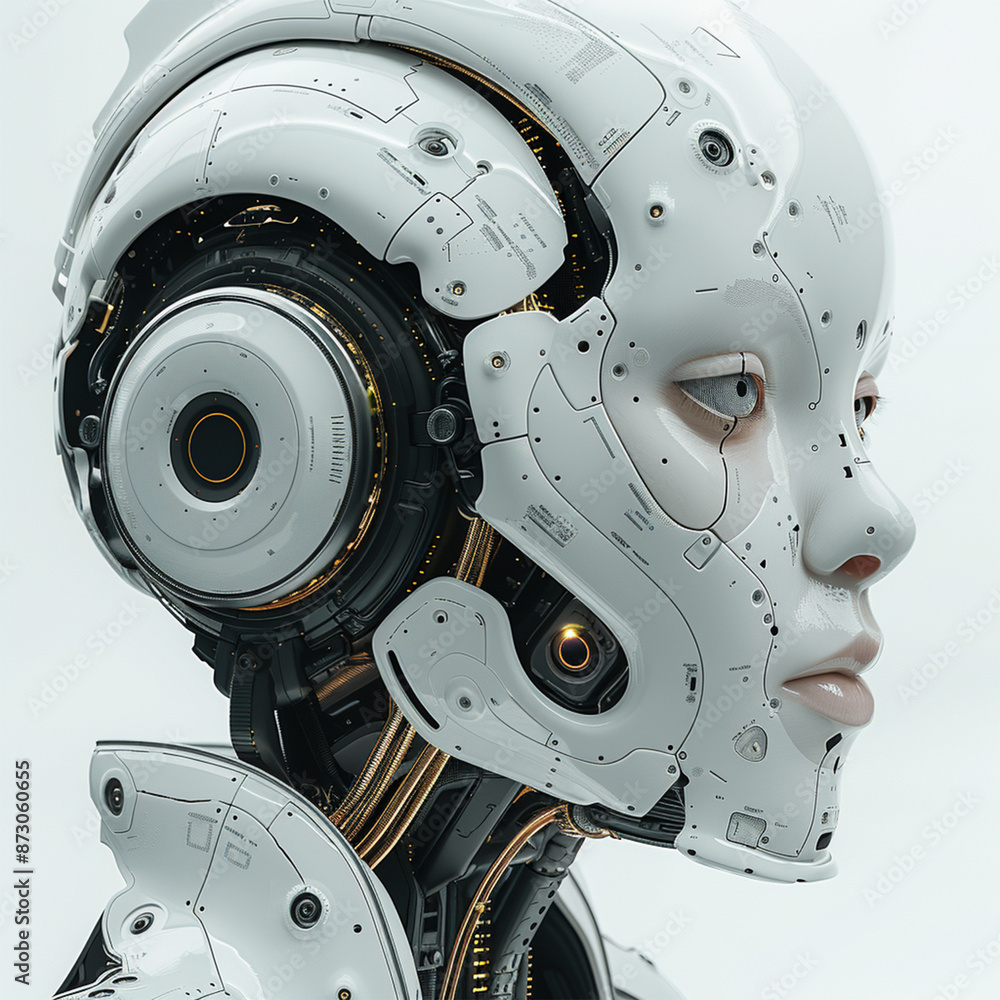 Part of one separated AI robot head 3D rendering with digital graphic brain engine inside isolated on white background with clipping path. Made with generative ai Part of one separated AI robot head 3D rendering with digital graphic brain engine inside isolated on white background with clipping path. Made with generative ai