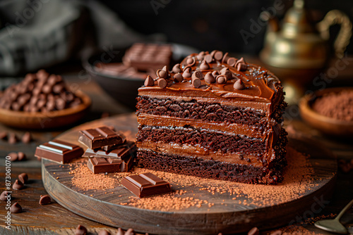 Piece of a chocolate cake decorated with small pieces from a chocolate board  © Favio