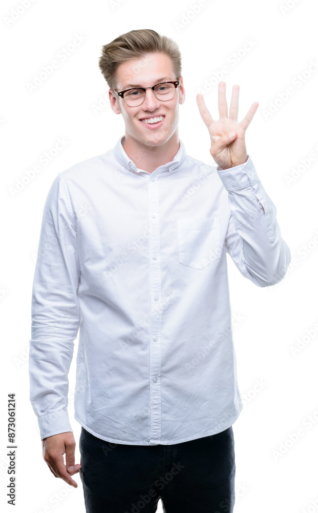 Young handsome blond man showing and pointing up with fingers number four while smiling confident and happy. Young handsome blond man showing and pointing up with fingers number four while smiling confident and happy.