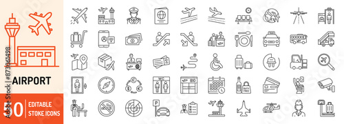 Airport editable stroke outline web icons set. Airport, ticket, passenger, boarding pass, immigration, pilot, passport, luggage departure and seat. Vector illustration