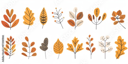 A collection of leafy trees in various shades of orange and brown. The leaves are stylized and appear to be drawn rather than photographed. Scene is warm and inviting