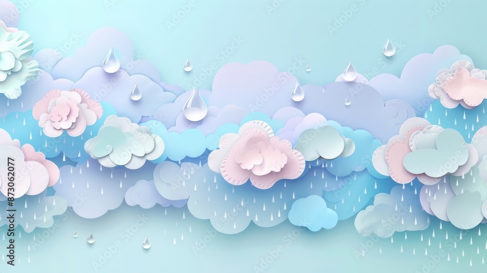 A beautiful paper art and craft style clouds and rain banner, showcasing intricate paper-cut clouds and gentle raindrops in soft pastel colors. A beautiful paper art and craft style clouds and rain banner, showcasing intricate paper-cut clouds and gentle raindrops in soft pastel colors.