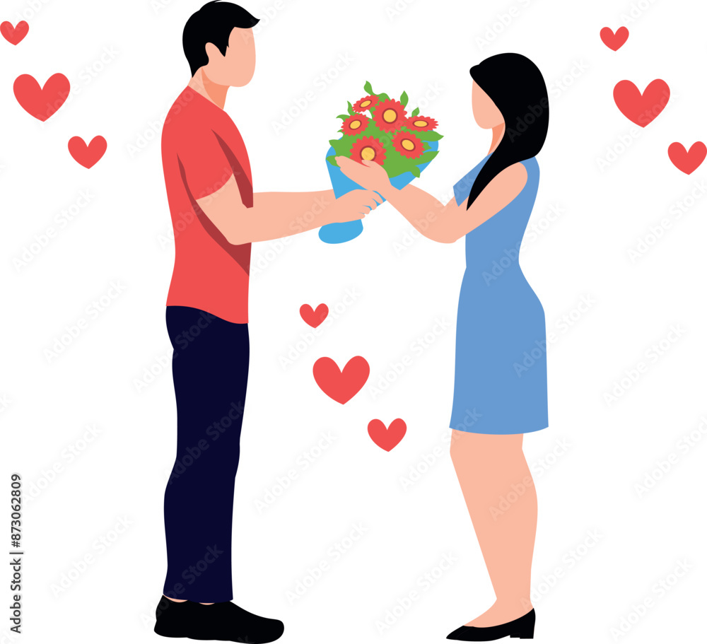 A boy is giving a bouquet of flowers to a girl. A boy is giving a bouquet of flowers to a girl.