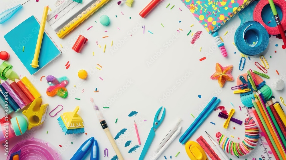 Top view of colorful school supplies arranged in a circle on a white background, ready for the new school year. Top view of colorful school supplies arranged in a circle on a white background, ready for the new school year.