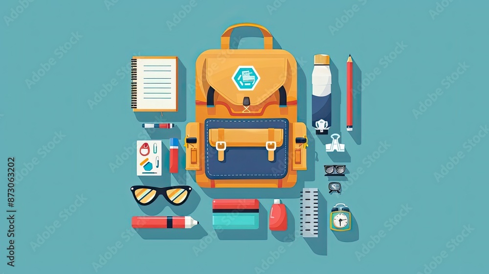A flat lay of a yellow backpack surrounded by school supplies including notebook, pencil, water bottle, glasses, and stationery on a blue background. A flat lay of a yellow backpack surrounded by school supplies including notebook, pencil, water bottle, glasses, and stationery on a blue background.