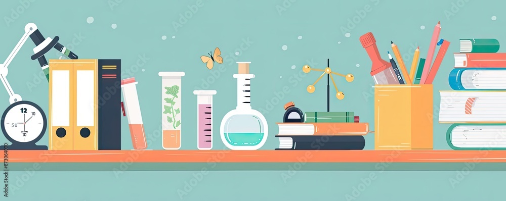 Illustration of a science lab shelf with books, microscope, test tubes, beakers, pencils, and various laboratory equipment on a teal background. Illustration of a science lab shelf with books, microscope, test tubes, beakers, pencils, and various laboratory equipment on a teal background.