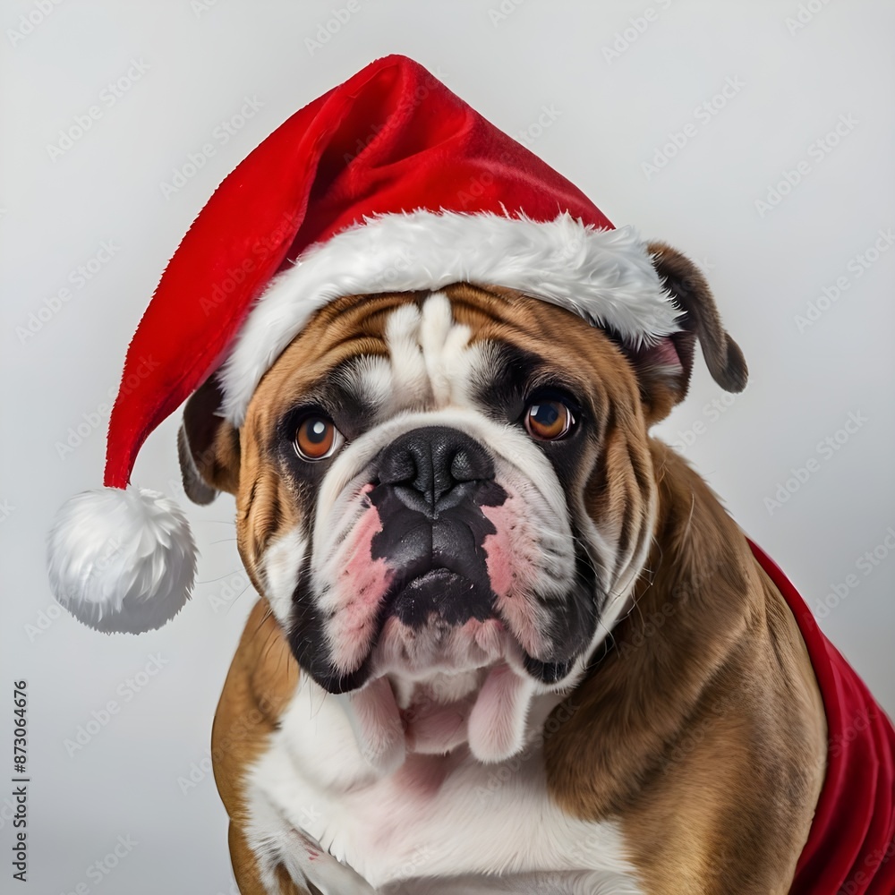 Bulldog with red Santa Claus hat celebrating Christmas holidays. isolated on white background. Generative AI Bulldog with red Santa Claus hat celebrating Christmas holidays. isolated on white background. Generative AI