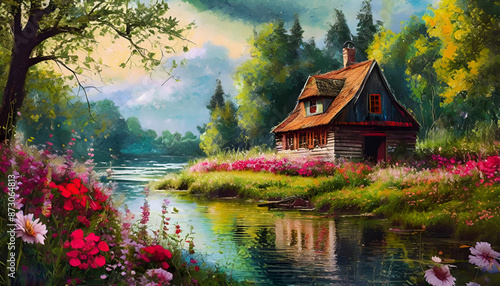 old house in the mountains. oil painting.