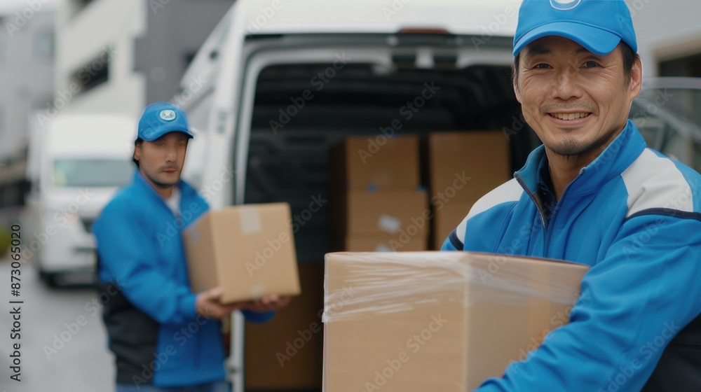 Smiling Delivery Workers Unloading Packages from Van Smiling Delivery Workers Unloading Packages from Van