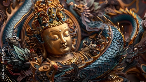 Wallpaper Mural Golden Buddha Sculpture Surrounded by Fantastical Ornate Beasts in Mysterious Shadowy Setting Torontodigital.ca