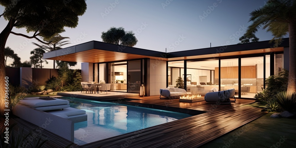 Fototapeta premium Modern home with a deck and courtyard area