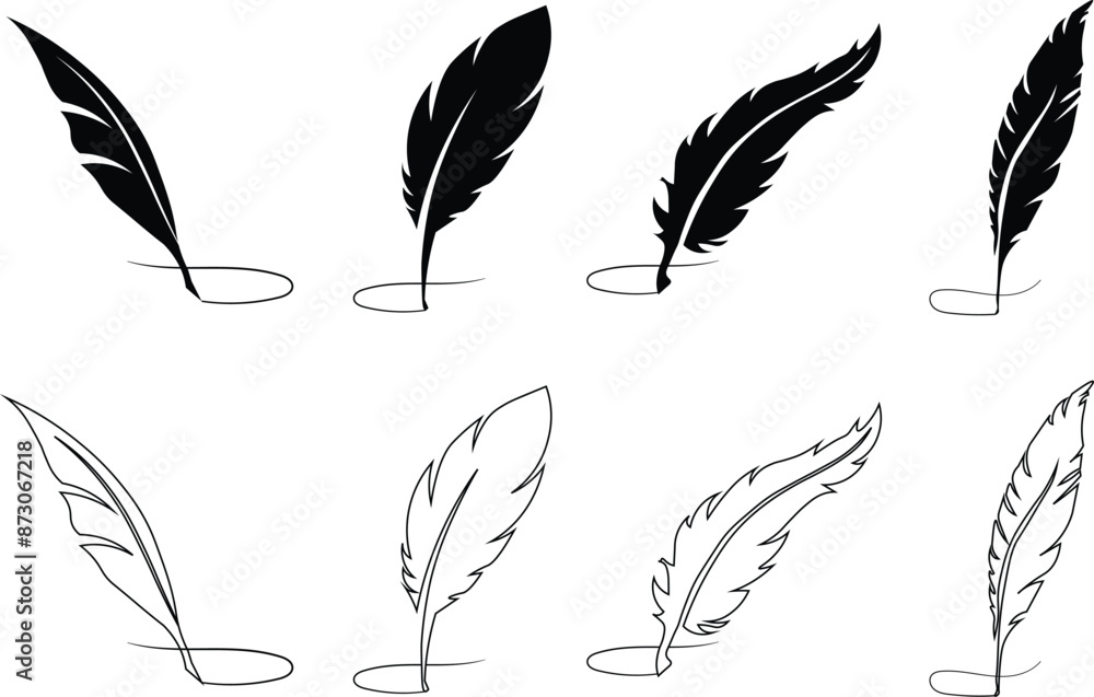 Set of Bird Feather. Feathers vector set in a flat style. Pen icon. Black quill feather silhouette. Plume let collection.vector eps10