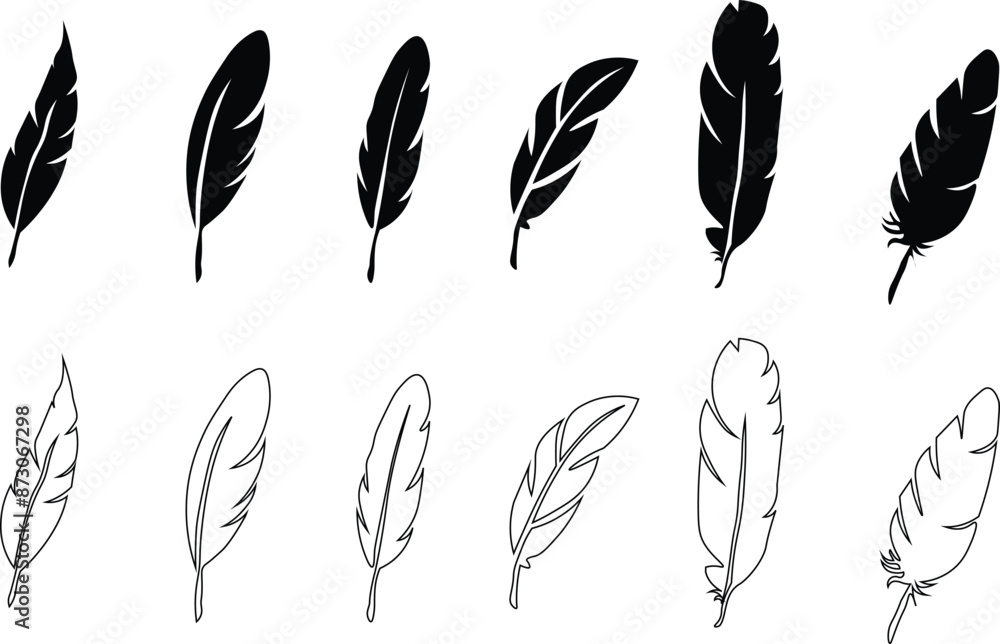 Set of Bird Feather. Feathers vector set in a flat style. Pen icon. Black quill feather silhouette. Plume let collection.vector eps10 Set of Bird Feather. Feathers vector set in a flat style. Pen icon. Black quill feather silhouette. Plume let collection.vector eps10