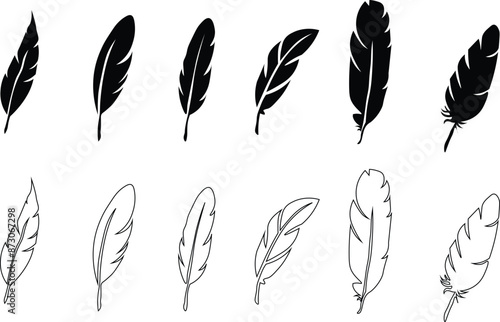 Set of Bird Feather. Feathers vector set in a flat style. Pen icon. Black quill feather silhouette. Plume let collection.vector eps10