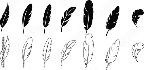 Set of Bird Feather. Feathers vector set in a flat style. Pen icon. Black quill feather silhouette. Plume let collection.vector eps10