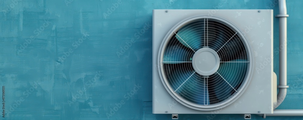 Modern Air Conditioner Unit on Blue Wall, Efficient Cooling for Homes and Businesses Modern Air Conditioner Unit on Blue Wall, Efficient Cooling for Homes and Businesses