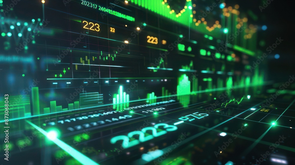 A conceptual image of a graph illustrating the performance of profit growth from 2023 to 2024, projected onto a virtual screen with digital numbers A conceptual image of a graph illustrating the performance of profit growth from 2023 to 2024, projected onto a virtual screen with digital numbers