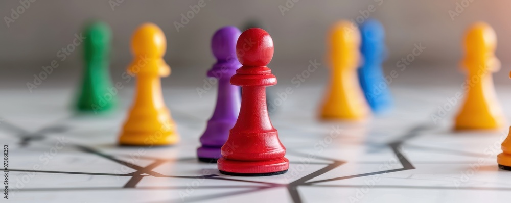 Red Chess Piece on a Gridded Board with Colorful Game Pieces Red Chess Piece on a Gridded Board with Colorful Game Pieces