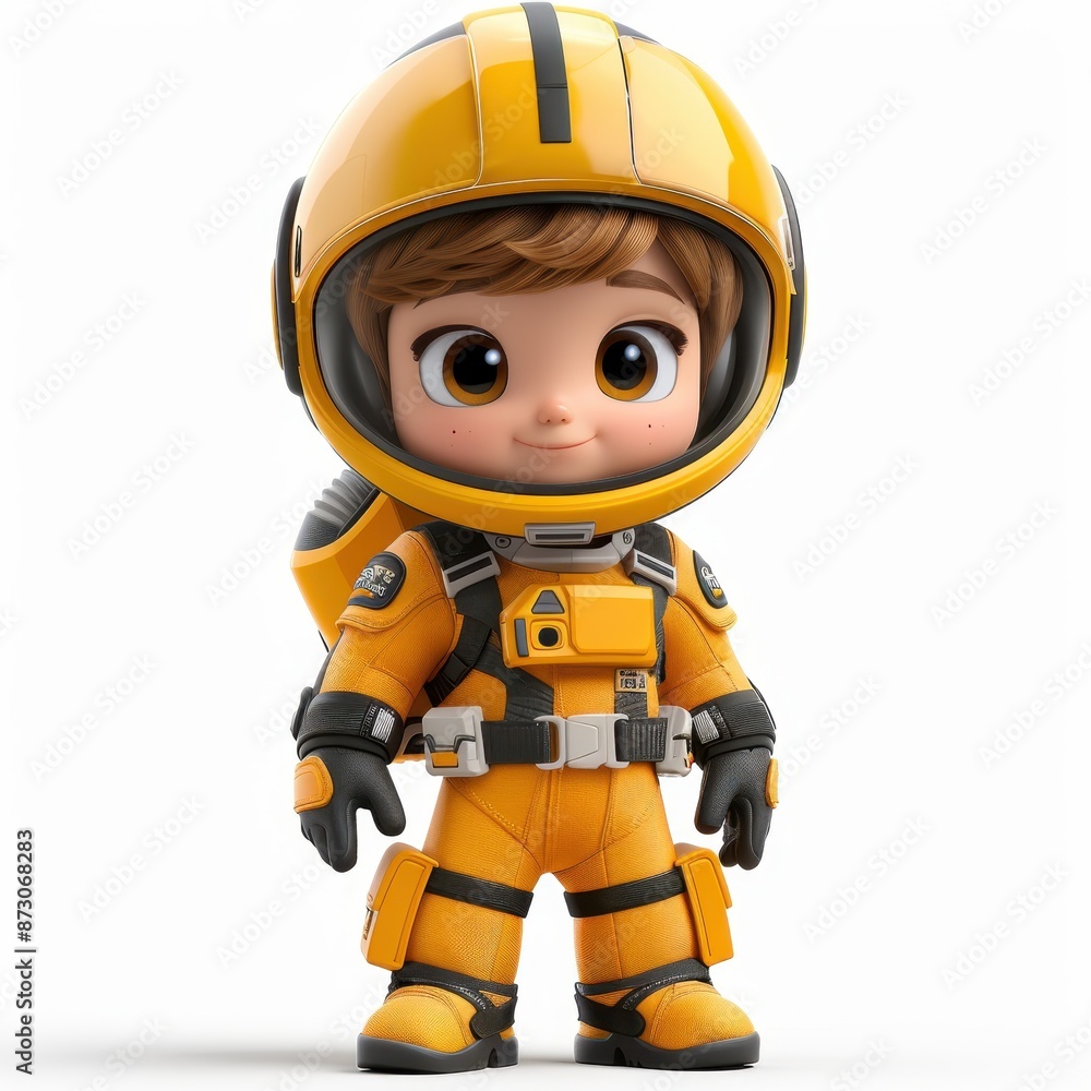 Fototapeta premium Cute 3D cartoon astronaut child in a yellow spacesuit. Adorable character design suitable for children's books, games, or animations.